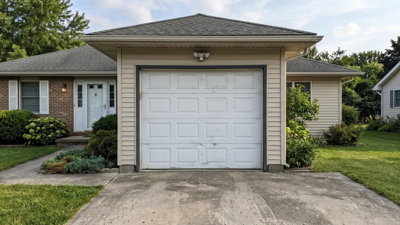 Before: a dated white raised-panel garage door