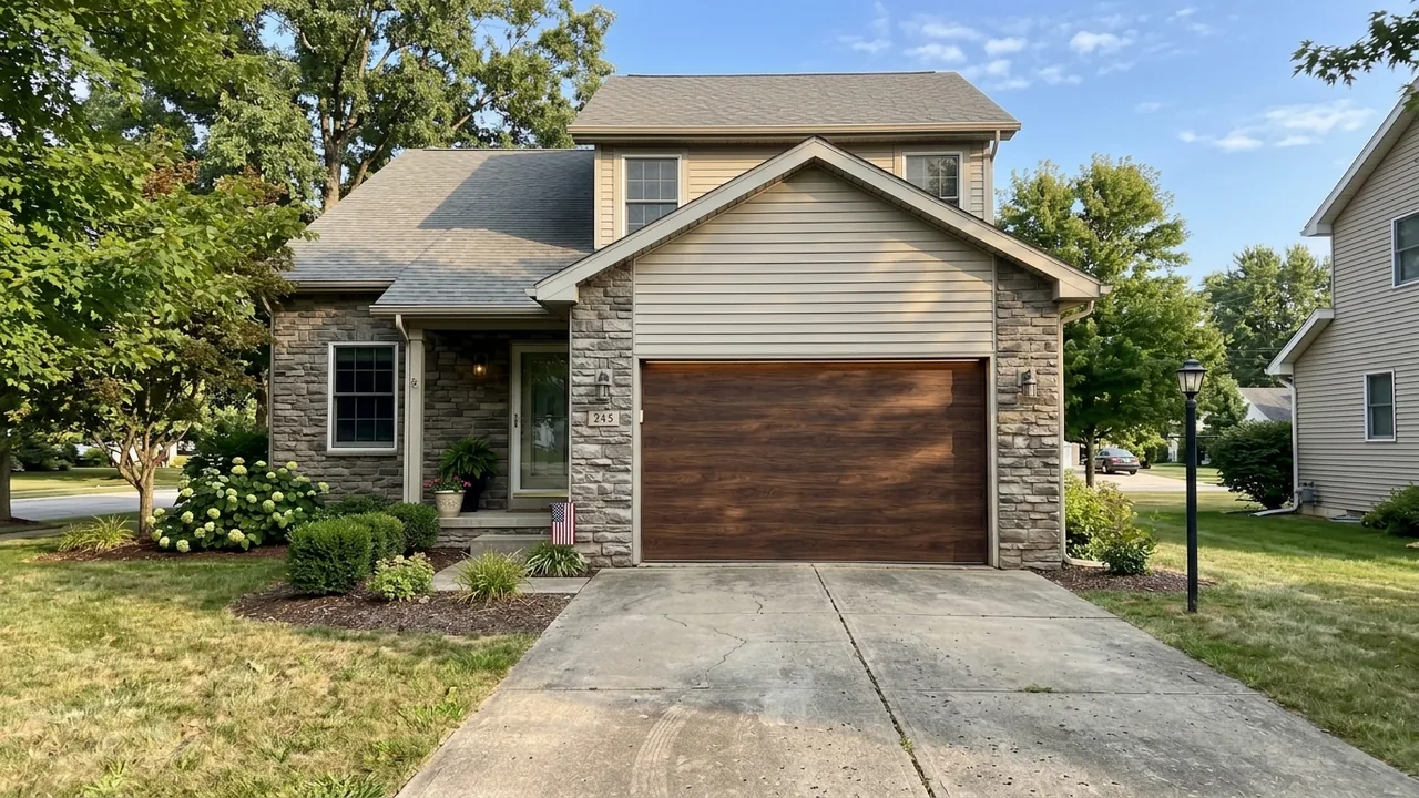 After: a dark wood-look garage door with warm accent lighting