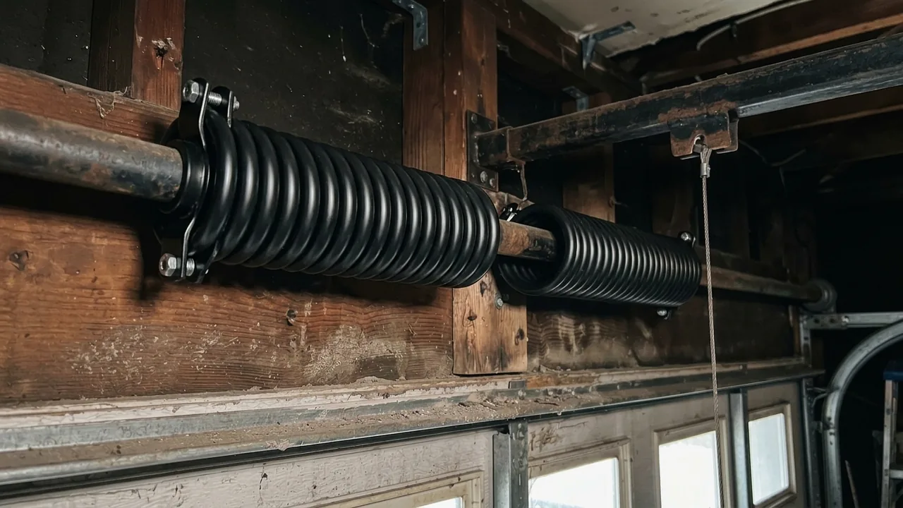 After: a new black torsion spring installed on the same shaft