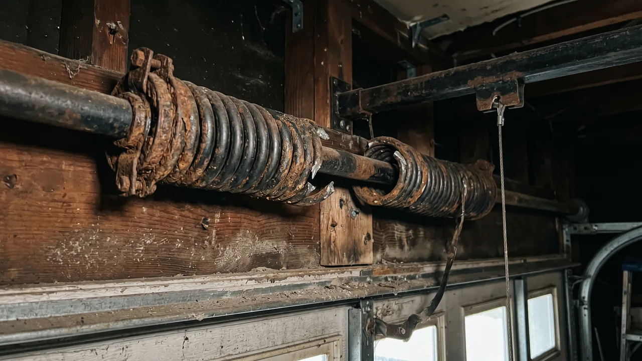 Before: a rusted, broken torsion spring on the same shaft