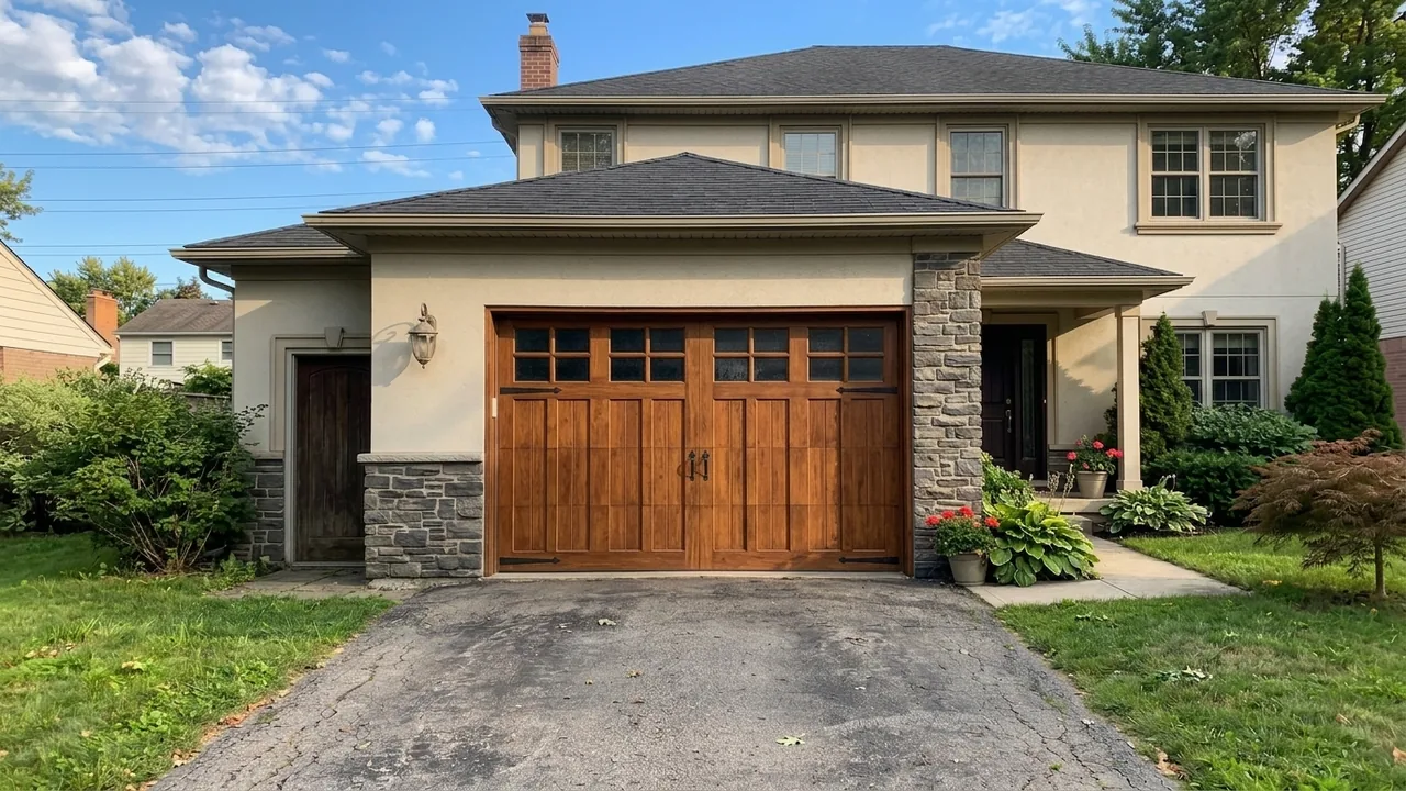 After: a richly stained wood carriage-style garage door