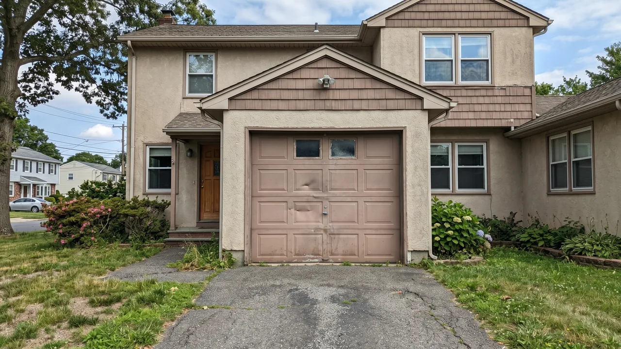 Before: a dented, faded brown garage door