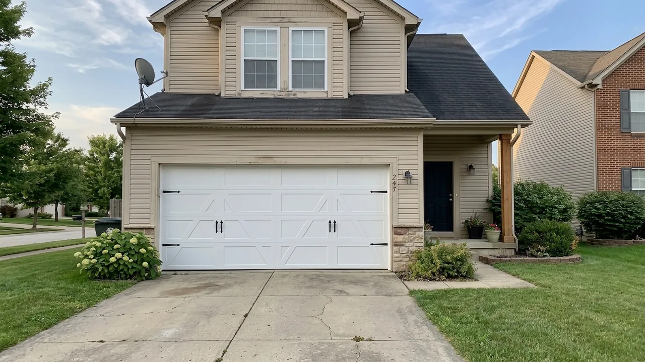 After: a new, properly aligned white carriage-style garage door