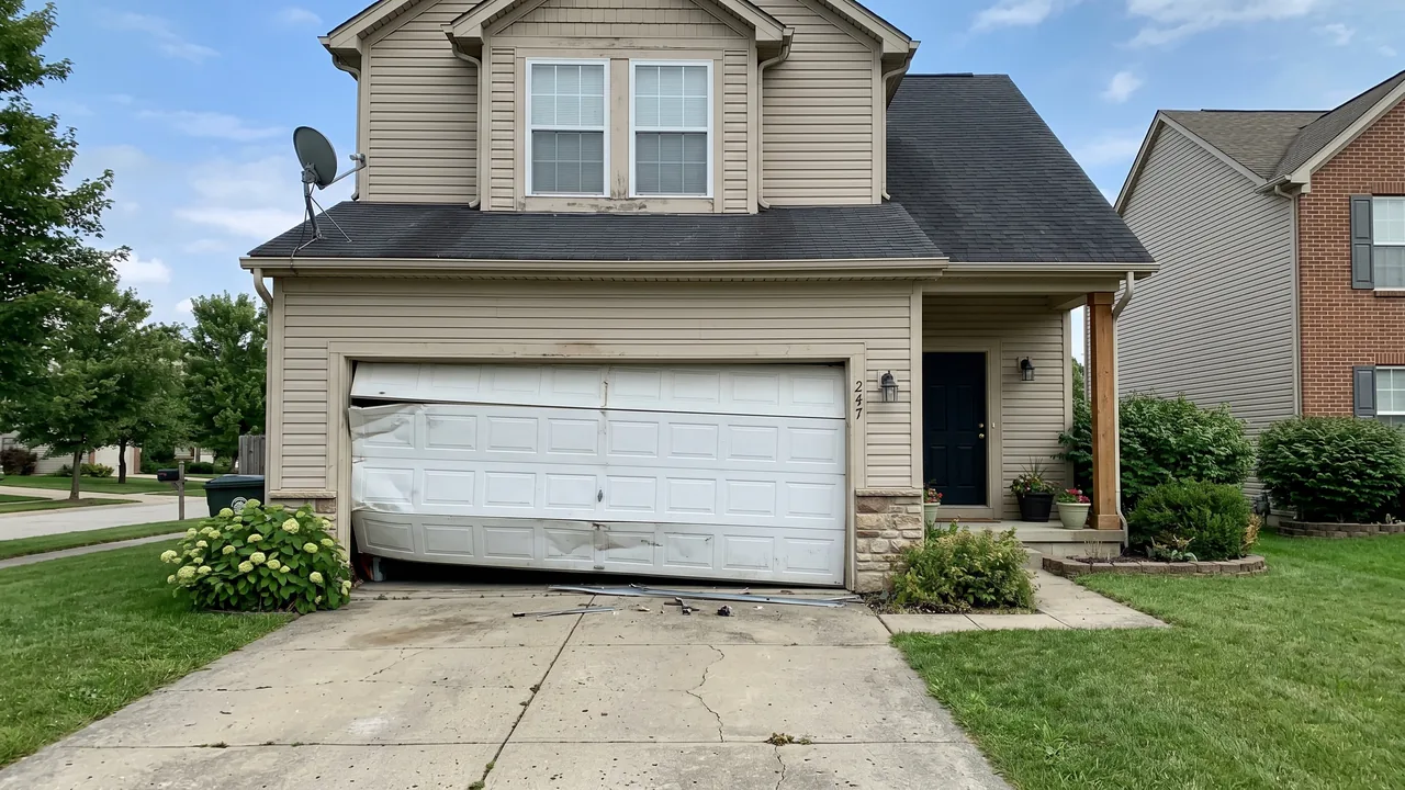 Before: a broken white garage door hanging off its track
